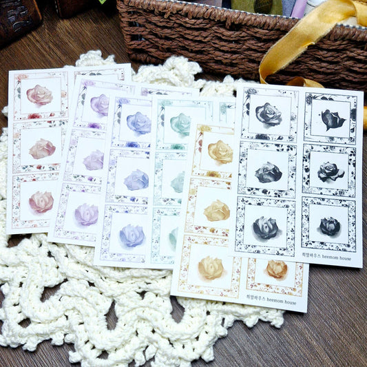 [Heemom House] 05. 水彩ローズ四角フレーム 上質紙ステッカー